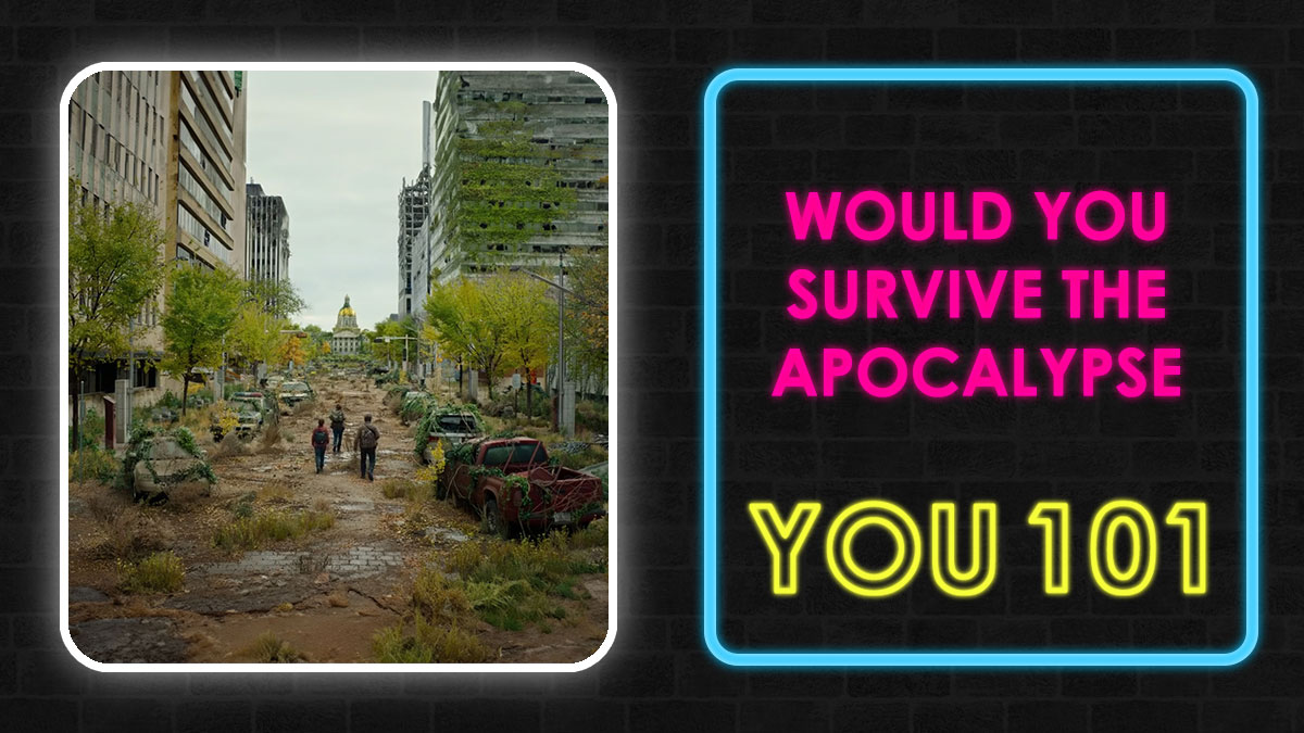 Post-apocalyptic city street overgrown with plants and abandoned cars, three people walking amid ruins.