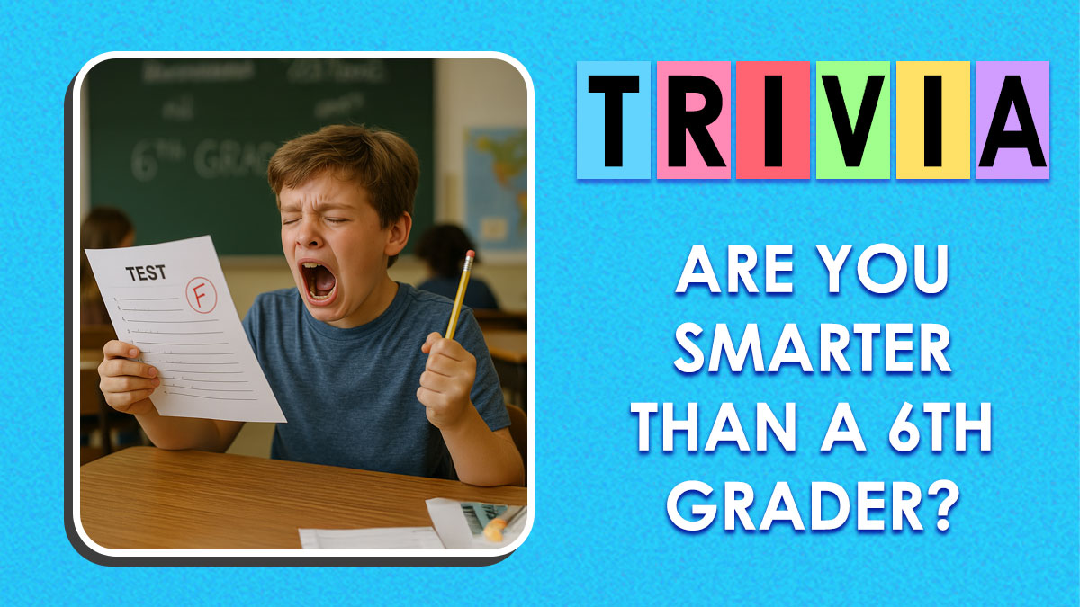 Young boy frustrated with test result in classroom, trivia challenge asking if you are smarter than a 6th grader quiz