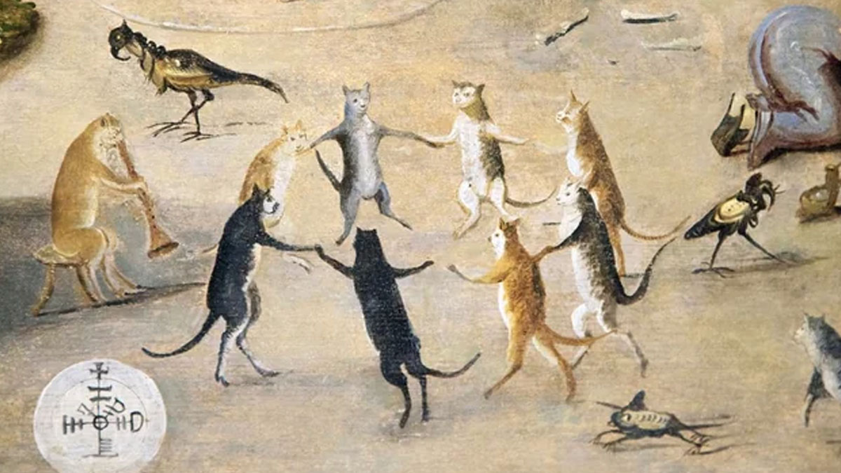 Old painting with cats dancing in a circle and birds playing instruments, featuring modern captions for comedy gold.