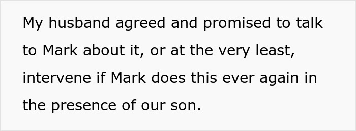 Text excerpt about husband agreeing to address BIL’s racist slurs during dinner to protect their son. Text excerpt about husband agreeing to address BIL’s racist slurs during dinner to protect their son.
