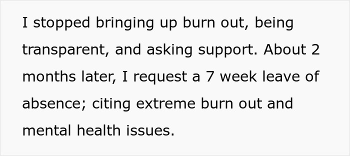 Text excerpt about stopping burnout talks and requesting leave citing burnout and mental health issues. Text excerpt about stopping burnout talks and requesting leave citing burnout and mental health issues.