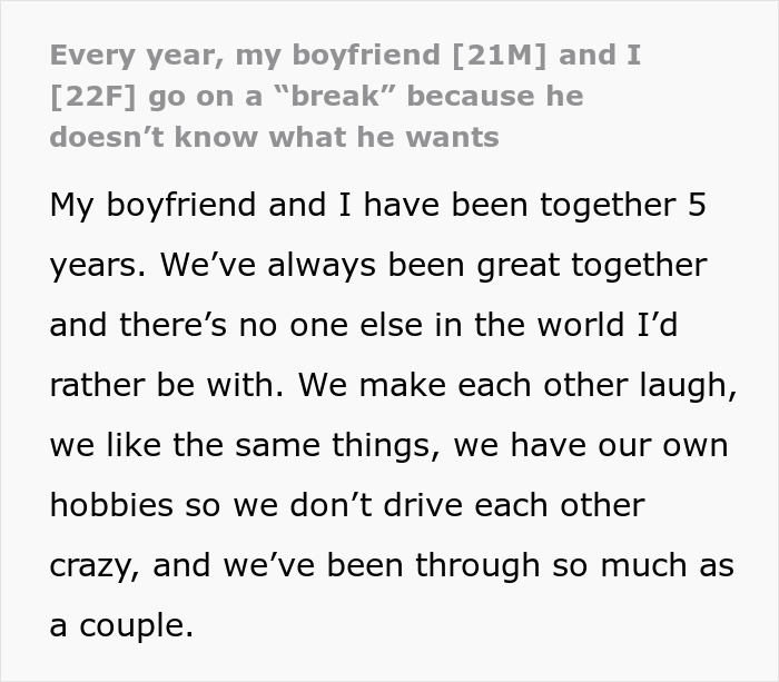 Couple sharing their story about relationship breaks every year and navigating challenges while staying connected.