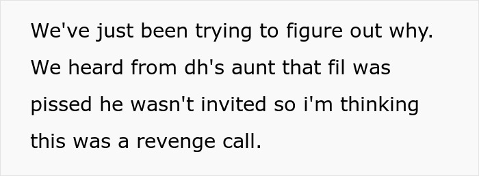 Text conversation excerpt explaining a suspected revenge call related to couple banning toxic in-laws from visiting newborn. Text conversation excerpt explaining a suspected revenge call related to couple banning toxic in-laws from visiting newborn.