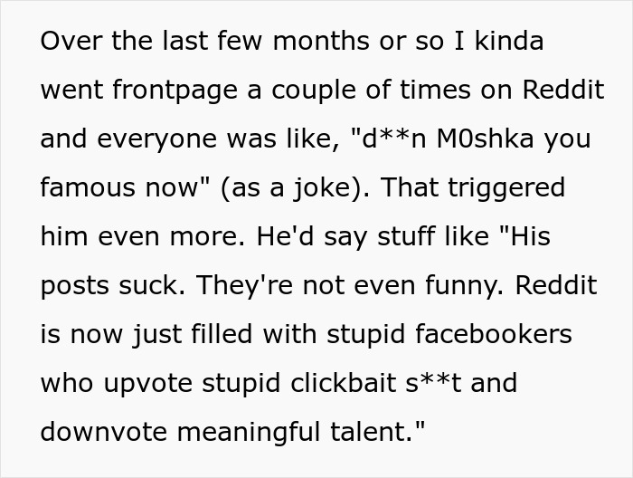 Alt text: Text excerpt showing someone criticizing Reddit users and expressing frustration as an annoying toxic friend photographer might do.