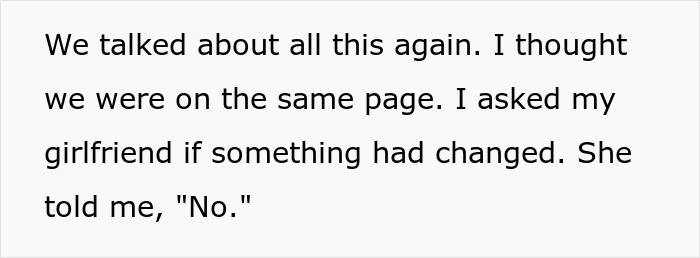 Text excerpt from woman demands combined income story showing a boyfriend expressing confusion about changes in financial expectations. Text excerpt from woman demands combined income story showing a boyfriend expressing confusion about changes in financial expectations.