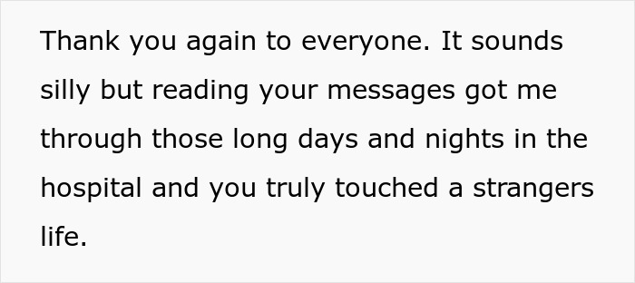 Text message expressing gratitude for support during long hospital days that touched a stranger’s life. Text message expressing gratitude for support during long hospital days that touched a stranger’s life.