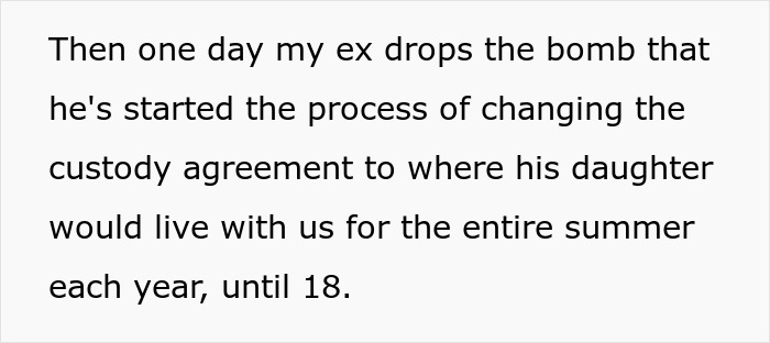 Text excerpt about custody agreement change and daughter living arrangements, relating to dating men with kids conflict. Text excerpt about custody agreement change and daughter living arrangements, relating to dating men with kids conflict.