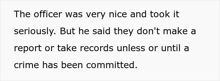 Text excerpt about a police officer explaining no report is filed unless a crime is committed regarding elderly lady planning to steal dog. Text excerpt about a police officer explaining no report is filed unless a crime is committed regarding elderly lady planning to steal dog.