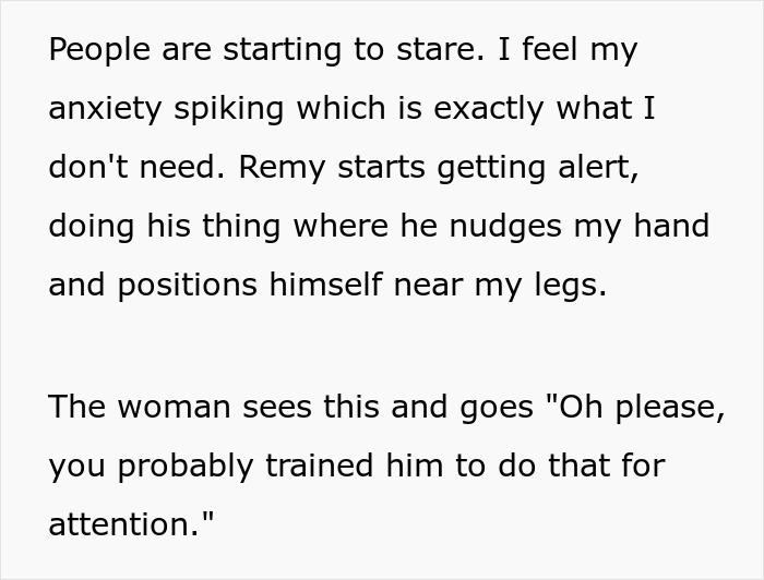 Text describing anxiety and a service dog’s alert behavior amid accusations of service dog fraud in a public setting. Text describing anxiety and a service dog’s alert behavior amid accusations of service dog fraud in a public setting.