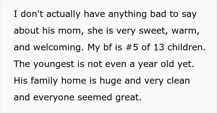 Text excerpt about boyfriend, mother, and family expectations highlighting a large, welcoming family home with many siblings. Text excerpt about boyfriend, mother, and family expectations highlighting a large, welcoming family home with many siblings.
