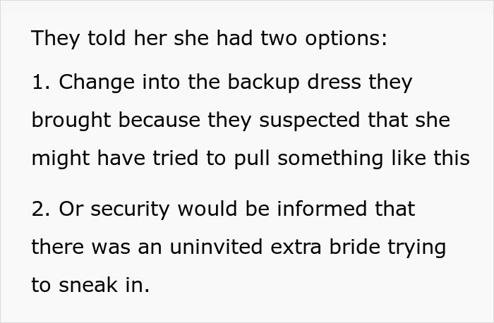 Text explaining MIL forced to change her outfit during wedding after trying to be the center of attention and security intervention. Text explaining MIL forced to change her outfit during wedding after trying to be the center of attention and security intervention.