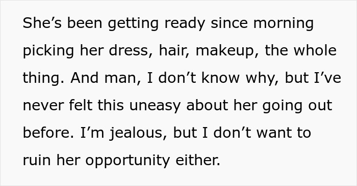 Text excerpt about a woman preparing to go to a gala with a client, causing her husband to question their relationship. Text excerpt about a woman preparing to go to a gala with a client, causing her husband to question their relationship.