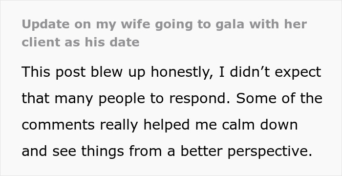 Husband reflects on wife going to gala with client as date, leaving him questioning their relationship and trust. Husband reflects on wife going to gala with client as date, leaving him questioning their relationship and trust.