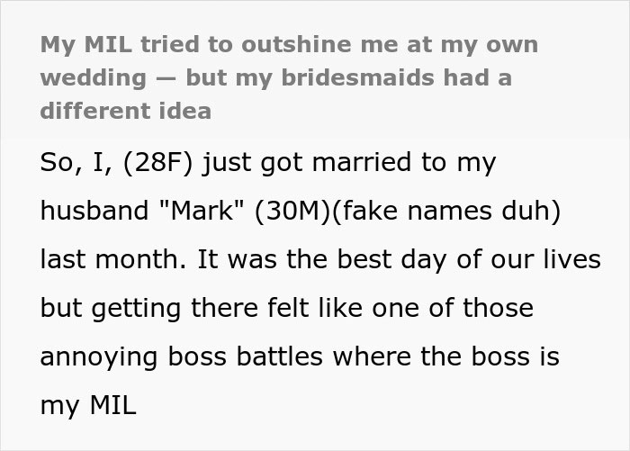 Text excerpt from a story about a mother-in-law trying to be the center of attention at a wedding and being forced to change her outfit. Text excerpt from a story about a mother-in-law trying to be the center of attention at a wedding and being forced to change her outfit.