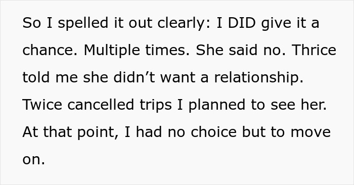 Text excerpt showing a man explaining he gave love a chance thrice but she rejected him and he had to move on. Text excerpt showing a man explaining he gave love a chance thrice but she rejected him and he had to move on.
