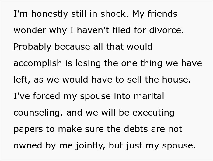 Person shocked by scam investment, revealing zero savings and immense debt, surprising their spouse and seeking counseling.