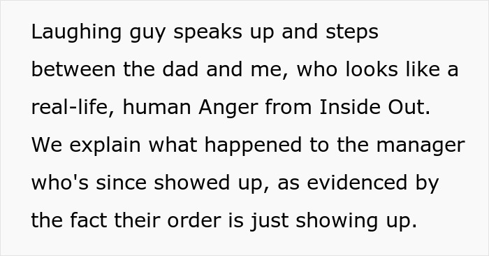 Text excerpt describing a chaotic interaction involving a dad, a manager, and a spicy chicken sandwich incident. Text excerpt describing a chaotic interaction involving a dad, a manager, and a spicy chicken sandwich incident.