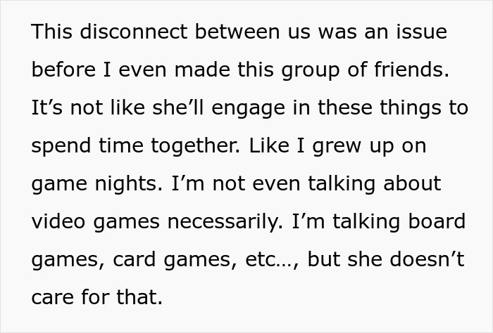 Text excerpt about a disconnect in relationship due to different interests, reflecting GF not wanting BF going on trip with female friend. Text excerpt about a disconnect in relationship due to different interests, reflecting GF not wanting BF going on trip with female friend.