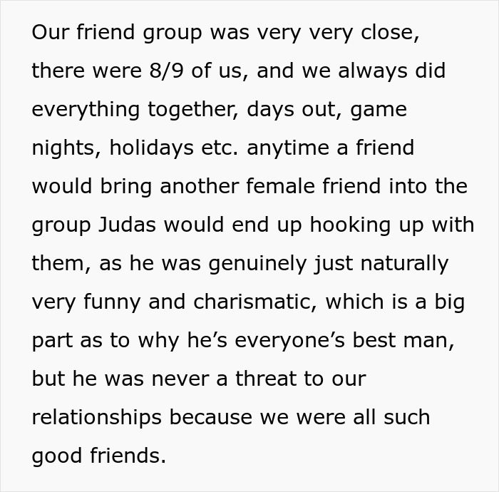 Text about close friend group dynamics, best man’s charm, and fears of betrayal involving ex-wife and best man. Text about close friend group dynamics, best man’s charm, and fears of betrayal involving ex-wife and best man.