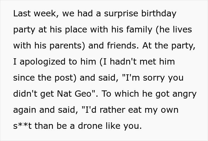 Text excerpt discussing a toxic friend and photographer conflict during a surprise birthday party apology.