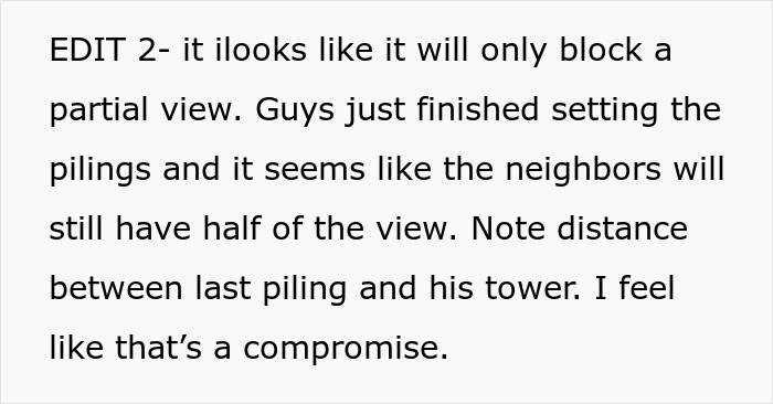 Text discussing neighbors setting pilings to block a partial view, highlighting compromise on land boundaries.