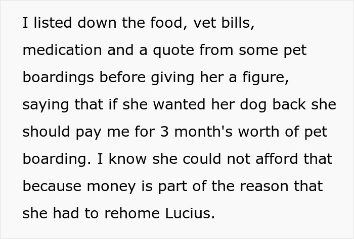 Text about woman adopting dog, facing harassment from previous owners over name, food, and vet changes.