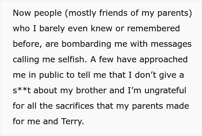 Text excerpt showing a woman sharing backlash she faced after setting a boundary about disabled brother’s care. Text excerpt showing a woman sharing backlash she faced after setting a boundary about disabled brother’s care.