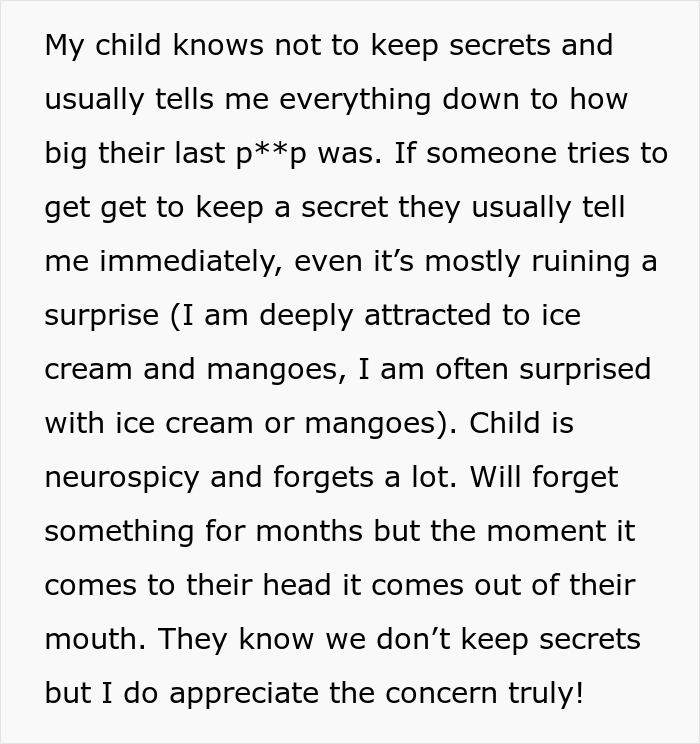 Text excerpt showing a nosy mother’s intrusive behavior related to ancestry tests and family secrets being revealed.