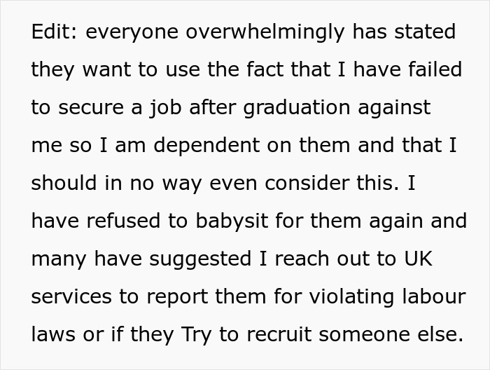 Text excerpt discussing refusal of live-in nanny job offer due to unreasonable demands and potential labor law violations. Text excerpt discussing refusal of live-in nanny job offer due to unreasonable demands and potential labor law violations.