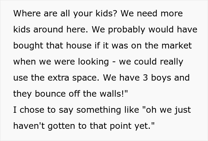Text conversation showing a nosy neighbor shaming couple for owning a big home with no kids and their silent, heartbreaking reply.