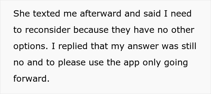 Text excerpt showing a conversation about reconsidering a situation after a woman expects help from her ex-husband. Text excerpt showing a conversation about reconsidering a situation after a woman expects help from her ex-husband.