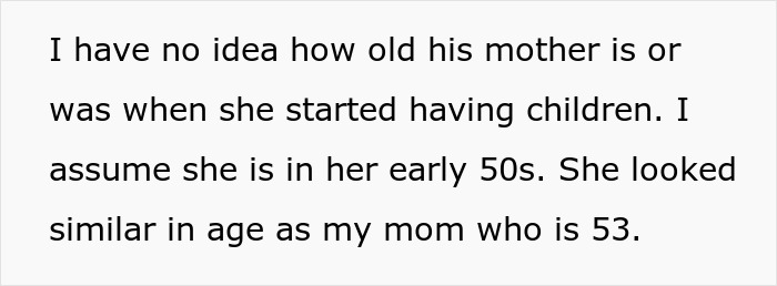 Text excerpt discussing assumptions about boyfriend's mother and family expectations regarding age and parenting. Text excerpt discussing assumptions about boyfriend's mother and family expectations regarding age and parenting.