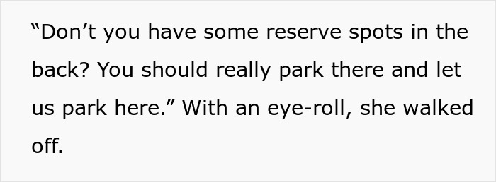 Text showing a conversation about parking spots involving a greedy daycare manager and a guy in a parking lot conflict. Text showing a conversation about parking spots involving a greedy daycare manager and a guy in a parking lot conflict.