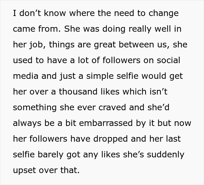 Text excerpt describing a wife's changing social media popularity and husband unattracted after plastic surgery.