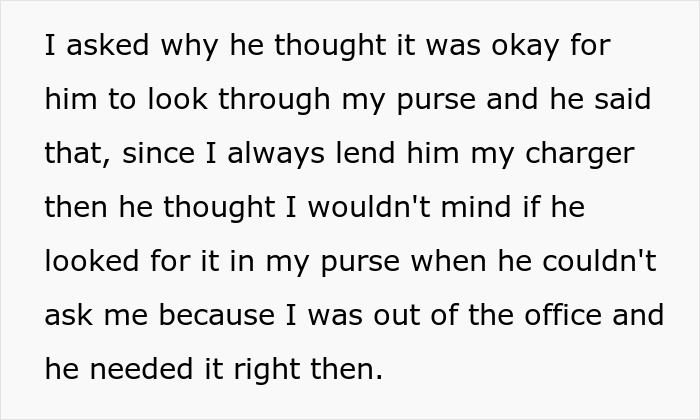 Text describing a coworker who snoops around in a woman’s purse and faces trouble after she reports him. Text describing a coworker who snoops around in a woman’s purse and faces trouble after she reports him.