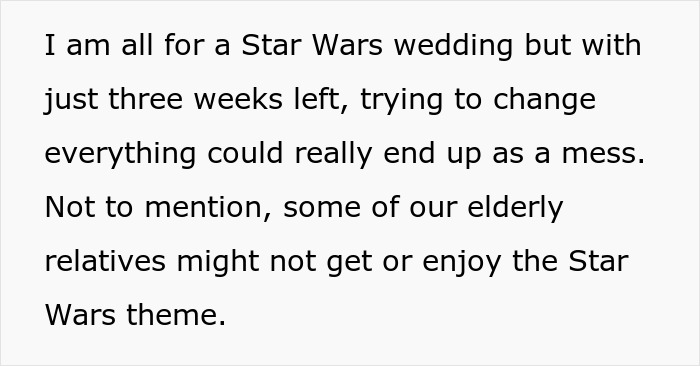 Text discussing concerns about a Star Wars wedding planned three weeks in advance and possible family challenges. Text discussing concerns about a Star Wars wedding planned three weeks in advance and possible family challenges.
