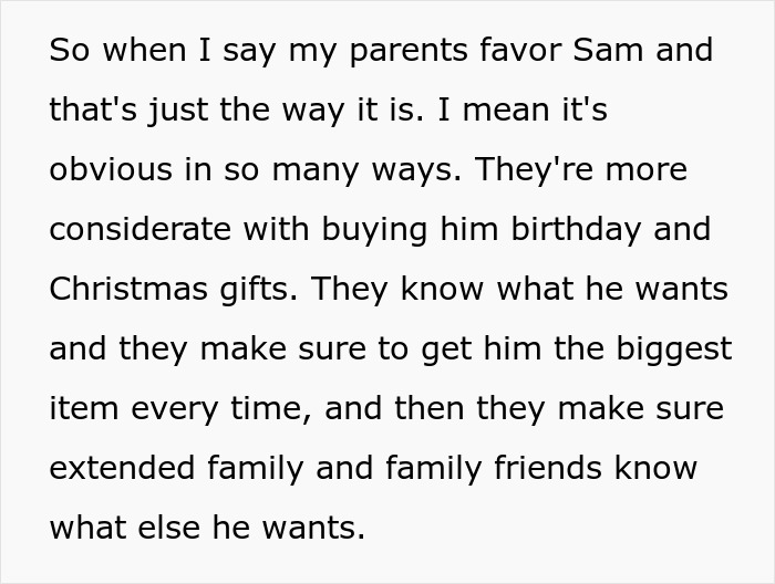 Text discussing parents blatantly favoring their golden child son over the younger son, causing family tension. Text discussing parents blatantly favoring their golden child son over the younger son, causing family tension.