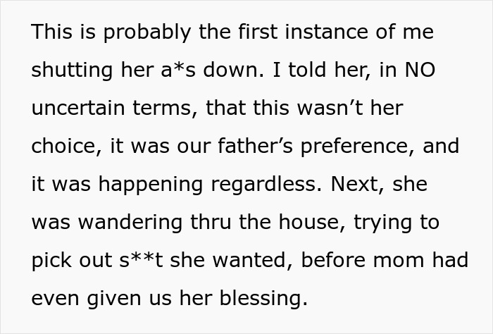 Text excerpt from a sister revealing the dead brother lie, describing a family conflict and father's preference.