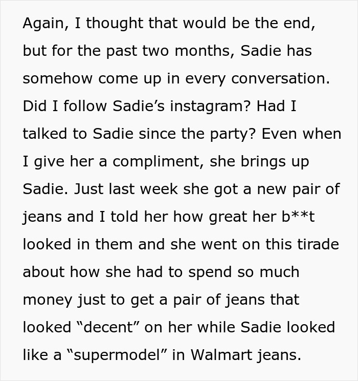 Text from a man reflecting on loyalty test and relationship doubts after his girlfriend keeps mentioning another woman Sadie.