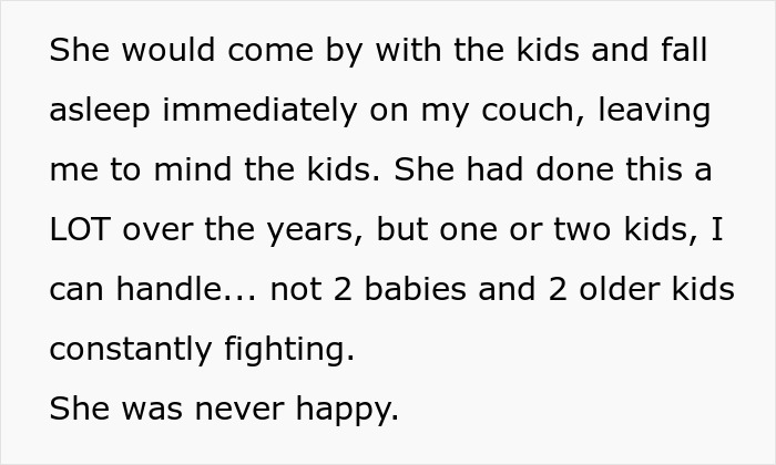 Text discussing a woman overwhelmed by caring for her friend’s multiple children and ending a decade-long friendship. Text discussing a woman overwhelmed by caring for her friend’s multiple children and ending a decade-long friendship.