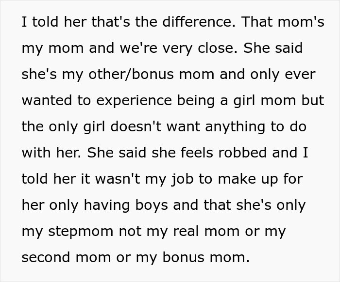 Text excerpt discussing a woman obsessed with being a bonus mom and stepdaughter rejecting the mom role.