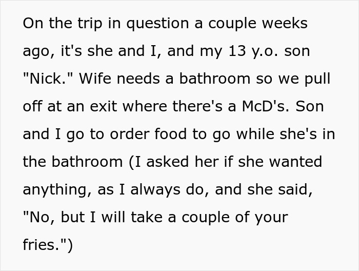 Man secretly films wife to prove she eats all his fries during family trip, sparking drama and tension among them. Man secretly films wife to prove she eats all his fries during family trip, sparking drama and tension among them.