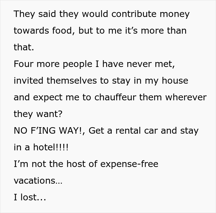 Text expressing frustration of a husband hosting wife’s distant relatives without thanks and refusing to do it again. Text expressing frustration of a husband hosting wife’s distant relatives without thanks and refusing to do it again.