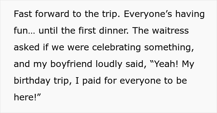 Couple discussing birthday trip expenses with friends shocked as girlfriend reveals she was behind the payments.