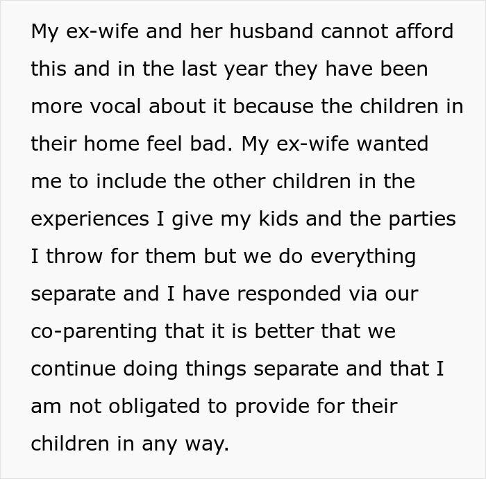 Custody and co-parenting conflict over providing for children separately after rich ex takes son on fancy trips. Custody and co-parenting conflict over providing for children separately after rich ex takes son on fancy trips.