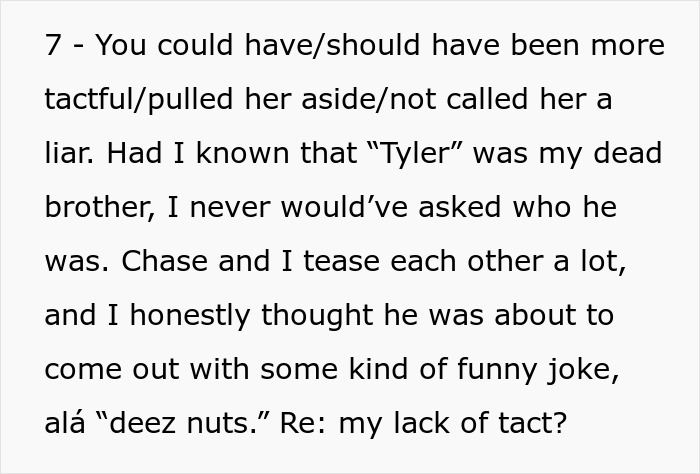 Text excerpt discussing a sister revealing a dead brother lie and reflecting on tact in a sibling conversation.