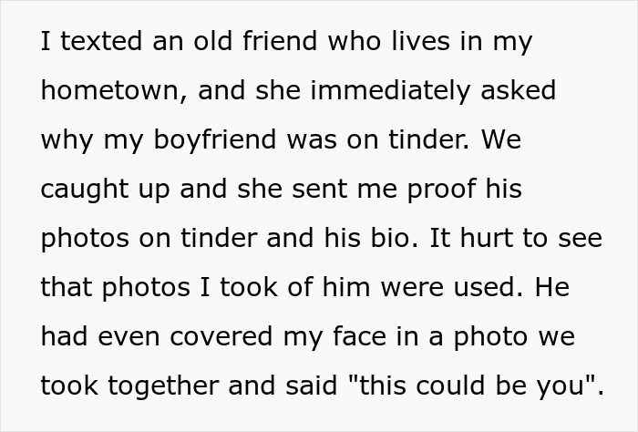 Text message revealing a man announces breakup to everyone except his girlfriend of seven years through Tinder photos. Text message revealing a man announces breakup to everyone except his girlfriend of seven years through Tinder photos.