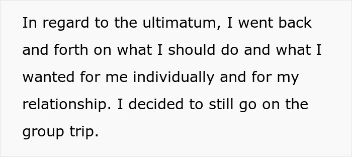 Text about boyfriend reconsidering relationship after girlfriend objects to trip with female friend, showing relationship conflict. Text about boyfriend reconsidering relationship after girlfriend objects to trip with female friend, showing relationship conflict.