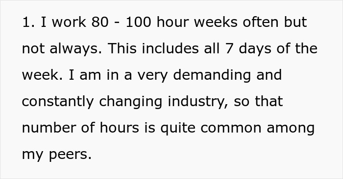 Text excerpt about working 80-100 hour weeks in a demanding, constantly changing industry with peers having similar hours.