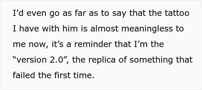 Text excerpt discussing a woman reflecting on a couple tattoo with her ex-boyfriend and its changed meaning. Text excerpt discussing a woman reflecting on a couple tattoo with her ex-boyfriend and its changed meaning.